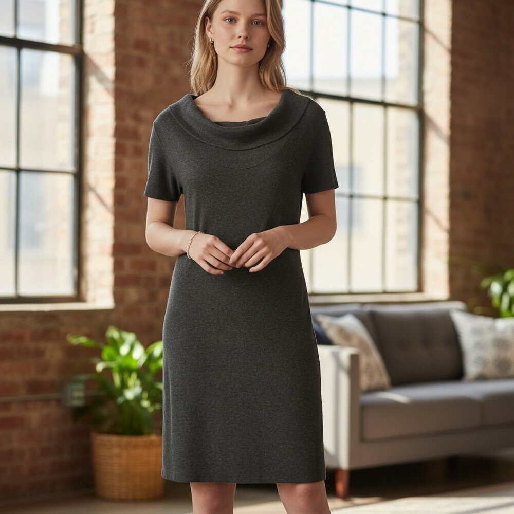 Coldwater Creek Cowl Neck Knit Dress Short Sleeve S 6-8‎ Olive Green 212B